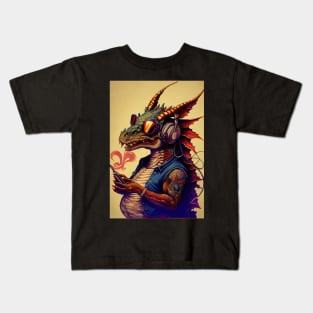 Chubby Dragon with sunglasses, tattoos, and headphones Kids T-Shirt